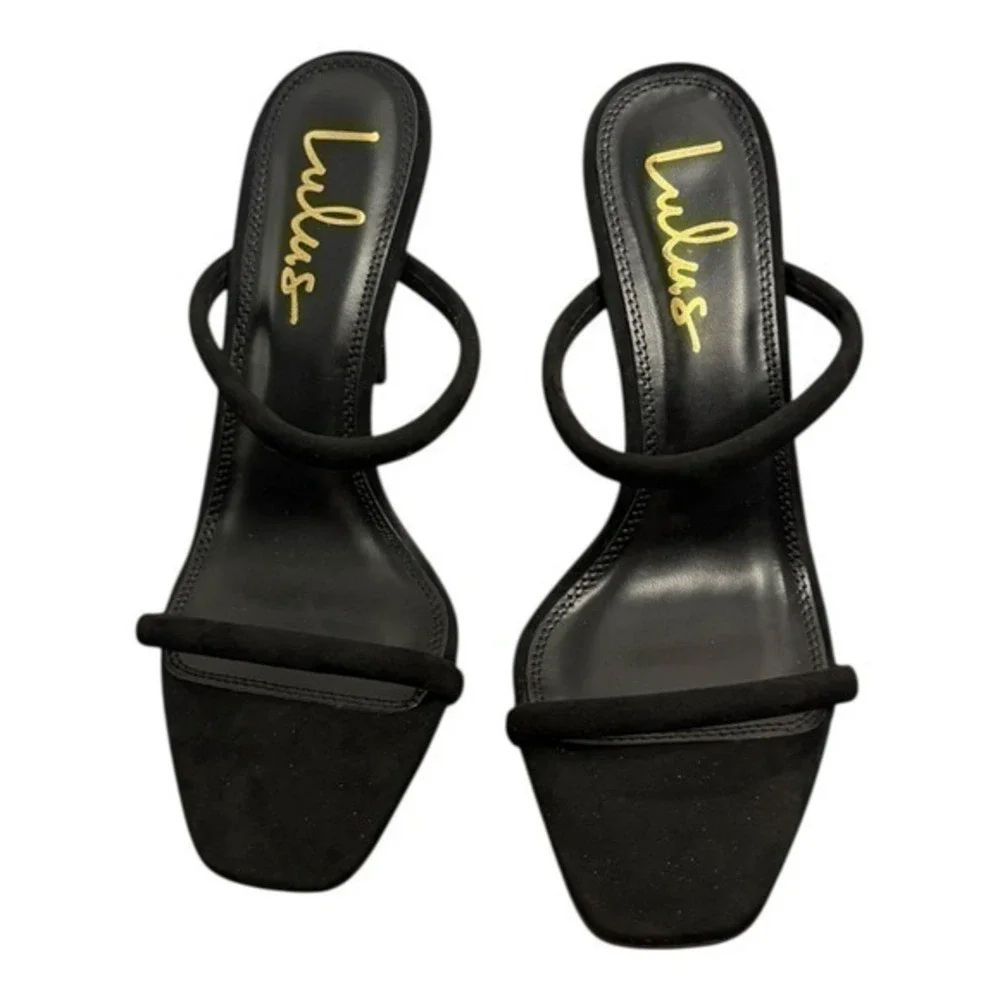 NIB Lulus Theyaa Black‎ Faux Suede Square Toe High Heel Sandals Size 7 - Picture 4 of 7